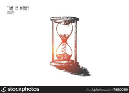 Time is money concept. Hand drawn hourglass as symbol of time and finance. Coins inside of clock isolated vector illustration.. Time is money concept. Hand drawn isolated vector.