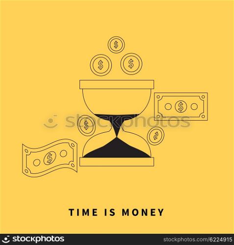 Time is money concept. Hourglass coins. Business currency and clock, dollar saving, watch and cash, sandwatch and monetary. Time management vector illustration. Black thin line on yellow background