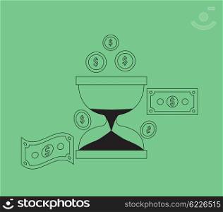 Time is money concept. Hourglass coins. Business currency and clock, dollar saving, watch and cash, sandwatch and monetary. Time management vector illustration. Black thin line on green background