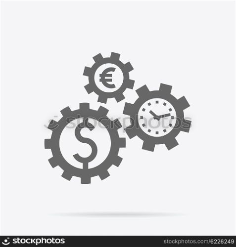 Time is money concept. Interconnection business processes, abstract design of gearwheel mechanism of money dollar and euro. Time passing with currency symbol. Gears of time spin coins money vector
