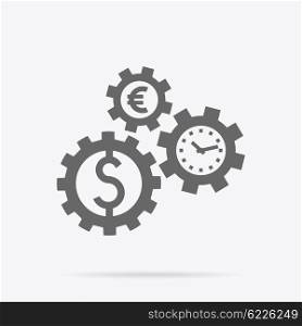 Time is money concept. Interconnection business processes, abstract design of gearwheel mechanism of money dollar and euro. Time passing with currency symbol. Gears of time spin coins money vector