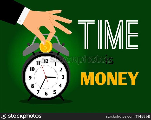 Time is money concept. Save time and money vector illustration, businessman hand puts dollar in clock. Time is money concept
