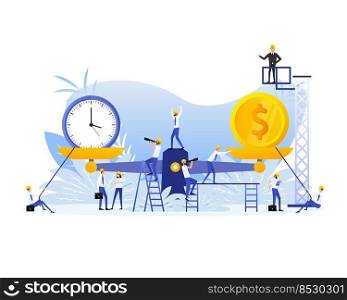 Time is money on scales icon. Flat people. Money and time balance on scale.. Time is money on scales icon. Flat people. Money and time balance on scale