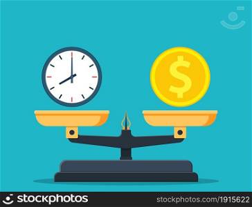 Time is money on scales icon. Money and time balance on scale. Weights with clock and money coin. Vector illustration in flat style. Time is money on scales icon.