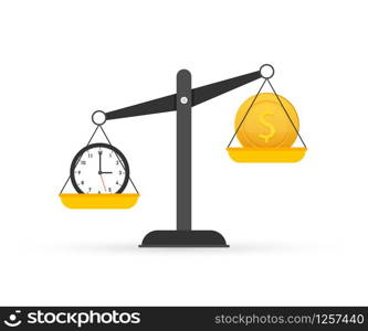 Time is money on scales icon. Money and time balance on scale. Vector stock illustration. Time is money on scales icon. Money and time balance on scale. Vector stock illustration.