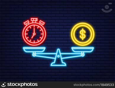 Time is money on scales icon. Neon icon. Money and time balance on scale. Vector stock illustration. Time is money on scales icon. Neon icon. Money and time balance on scale. Vector stock illustration.