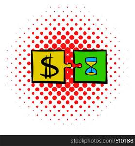Time is money puzzle icon in comics style on a white background. Time is money puzzle icon, comics style