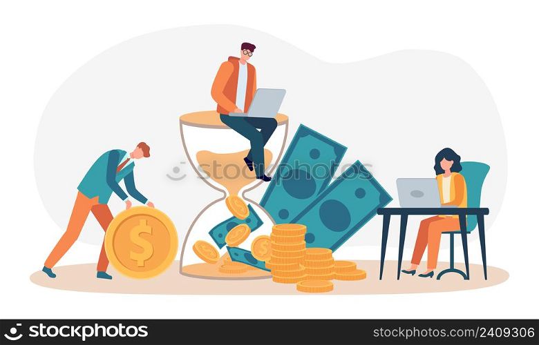 Time is money. Time management planning, workers earning money for completed tasks. Hourglass with sand transforming into income. Employee characters scheduling work, getting payment vector. Time is money. Time management planning, workers earning money for completed tasks. Hourglass with sand transforming into income