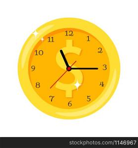 Time is money yellow clock icon with dollar symbol on white background, vector illustration. Time is money clock