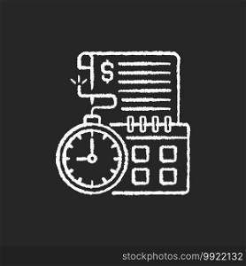 Time limit chalk white icon on black background. Repaying by stated date. Loans with term lengths. Monthly payments. Interest costs. Penalties, fees. Isolated vector chalkboard illustration. Time limit chalk white icon on black background