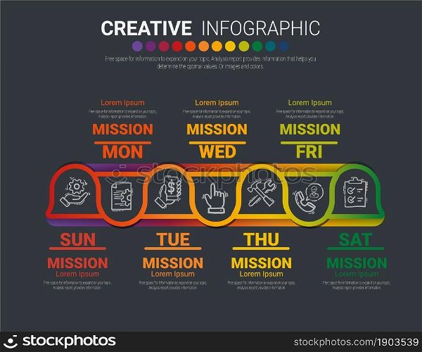 Time line, Timeline business for 7 day, week, Timeline infographics design vector and Presentation business can be used for Business concept with 7 options, steps or processes.