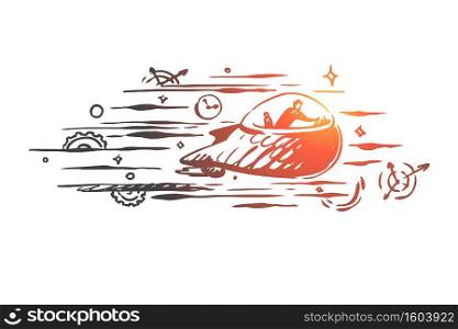 Time machine, time, travel, future, past concept. Hand drawn person traveling in time machine concept sketch. Isolated vector illustration.. Time machine, time, travel, future, past concept. Hand drawn isolated vector.