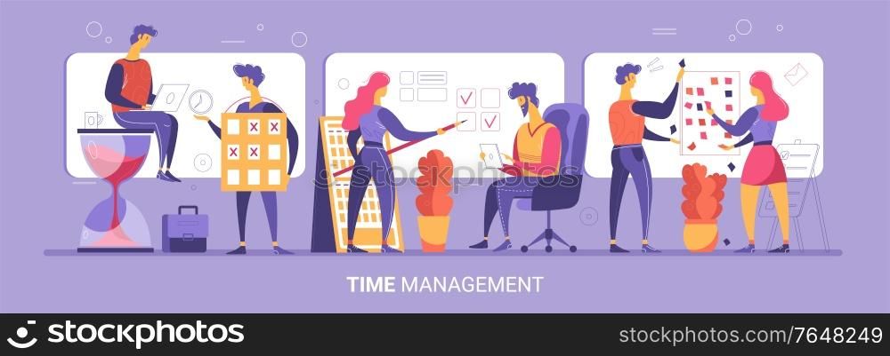 Time management 3 flat compositions with employees sitting on hourglass planning scheduling tracking projects horizontal vector illustration