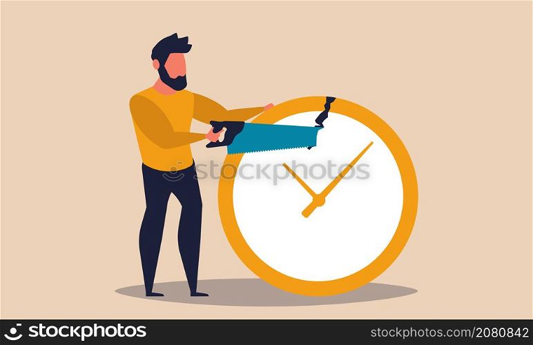 Time management, a man cuts a clock with a saw vector illustration concept. People and efficient process organisation workflow. Work optimization and strategy productivity job. Business deadline