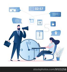Time management and deadline concept. Big watch, woman employee on workplace and businessman boss with megaphone, business people characters and signs in trendy style,flat vector illustration