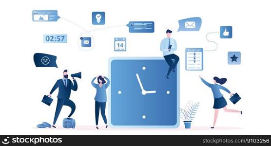 Time management and deadline concept, employees or business people and sad businessman boss with megaphone.Big watch with business signs and people characters in trendy style,flat vector illustration
