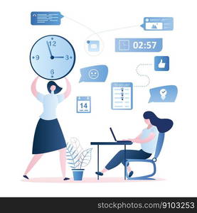 Time management and deadline concept, girl employee on workplace and businesswoman boss with big watch,female characters and business signs in trendy style,flat vector illustration