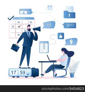 Time management and deadline concept. Woman employee on workplace and businessman boss with megaphone standing on big watch. People characters and signs in trendy style,flat vector illustration
