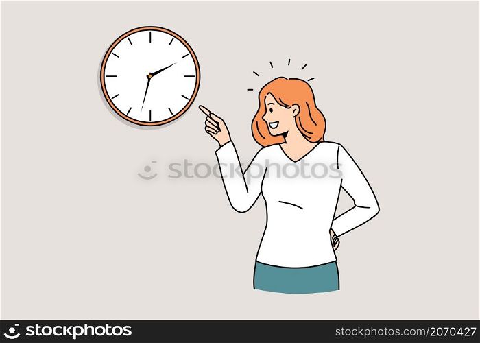 Time management and deadlines concept. Young smiling woman standing and pointing at time on wall watch clock feeling positive vector illustration . Time management and deadlines concept.