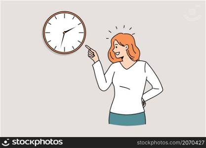 Time management and deadlines concept. Young smiling woman standing and pointing at time on wall watch clock feeling positive vector illustration . Time management and deadlines concept.