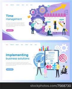 Time management and implementing business solutions vector. Calendar and clock, organizer and notepad, target with arrow male and female entrepreneurs. Website or webpage template landing page in flat. Time Management or Implementing Business Solutions