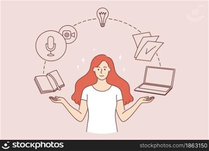 Time management and innovation concept. Young smiling woman cartoon character standing with book notebook laptop and light bulb flying around vector illustration . Time management and innovation concept