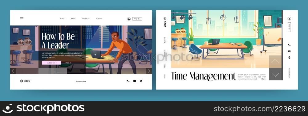 Time management and leadership banners. Vector landing pages of effective job organization and business productivity. Cartoon illustrations of empty workplace and man work in office at night. Time management and leadership banners