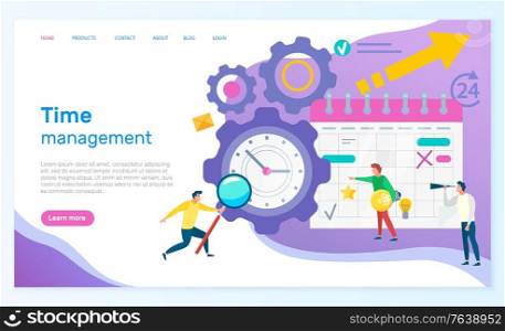 Time management and organization of working space vector, people with tools and instruments for productivity increasing. Business worker. Website or webpage template, landing page flat style. Time Management People with Calendar Schedule