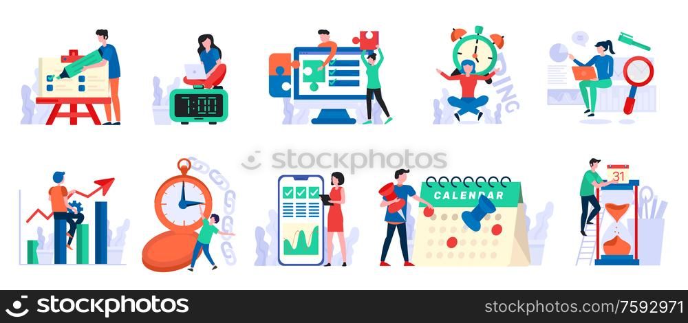 Time management and organization vector, people with calendar and clocks dealing with deadlines. Infographics and charts on board, reminder on phone. Effective Time Management People with Calendars