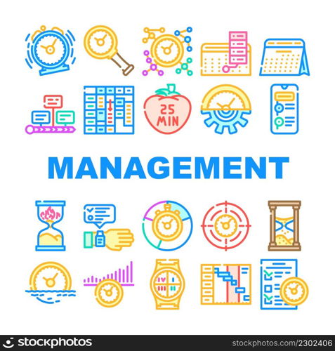 Time Management And Planning Icons Set Vector. Timeline And Check List For Time Management And Plan, Stop Watch And Calendar Accessory Line. Project Deadline And Managing Tasks Color Illustrations. Time Management And Planning Icons Set Vector