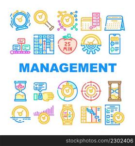 Time Management And Planning Icons Set Vector. Timeline And Check List For Time Management And Plan, Stop Watch And Calendar Accessory Line. Project Deadline And Managing Tasks Color Illustrations. Time Management And Planning Icons Set Vector