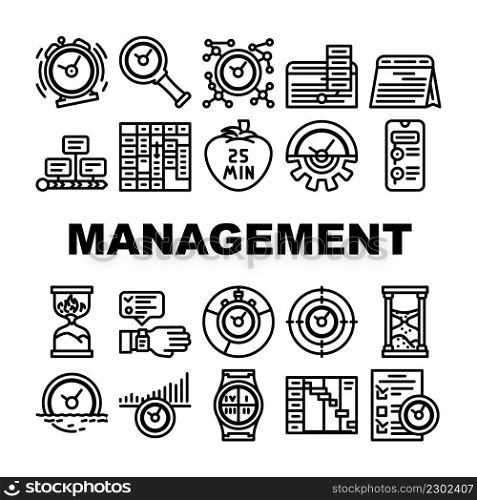 Time Management And Planning Icons Set Vector. Timeline And Check List For Time Management And Plan, Stop Watch And Calendar Accessory . Project Deadline And Managing Tasks Black Contour Illustrations. Time Management And Planning Icons Set Vector