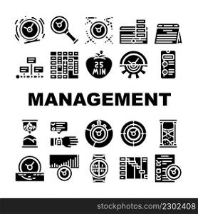 Time Management And Planning Icons Set Vector. Timeline And Check List For Time Management And Plan, Stop Watch Calendar Accessory. Project Deadline Managing Tasks Glyph Pictograms Black Illustrations. Time Management And Planning Icons Set Vector