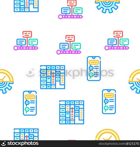 Time Management And Planning Vector Seamless Pattern Color Line Illustration. Time Management And Planning Icons Set Vector