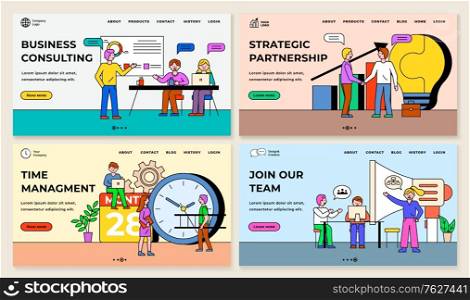 Time management and strategic partnership vector, business consulting join our team. People working on projects together, workspace of workers. Team work with new project or idea. Website flat style. Business Consulting and Strategic Partnership