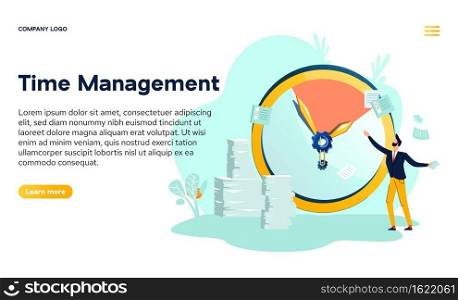 Time management banner. Concept of increase work performance, organization business process. Vector landing page with flat illustration of man with paper documents, checklists and clock. Vector banner of time management