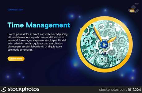 Time management banner. Concept of work hours control, increase performance, organization business process. Vector landing page with cartoon illustration of clock with gears. Vector landing page of time management
