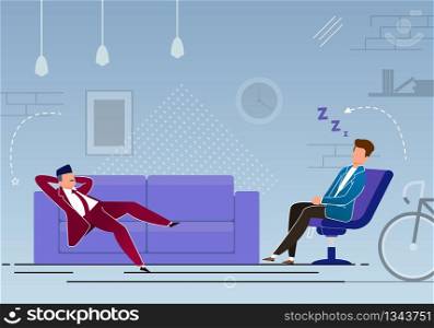 Time Management, Break in Work Cartoon, Flat. Man in Suit Came after Work and Went to Bed Sleep. Man from Fatigue Fell Asleep in Clothes Chair. Relaxation and Rest at Home. Vector Illustration.