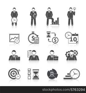 Time management businessman day activity planning strategy black icons set with calendar hourglass abstract isolated vector illustration. Time management icons set