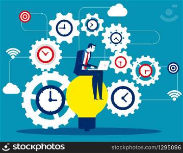 Time management, Businessman sitting on bulb and productivity, Concept business vector illustration, Flat business cartoon, Time, Productivity, Isolate.