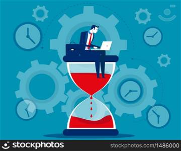 Time management. Businessman sitting on hourglass. Concept business vector illustration.