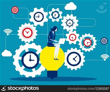Time management, Businesswoman sitting on bulb and productivity, Concept business vector illustration, Flat business cartoon, Time, Productivity, Isolate.