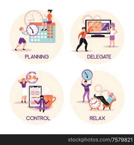 Time management concept 4 flat compositions with tasks planing delegating responsibilities relaxing control accomplishments isolated vector illustration