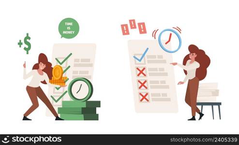 Time management concept. Deadline and successful work. Office women working, vector business characters. Illustration of deadline time and professional organization. Time management concept. Deadline and successful work. Office women working, vector business characters