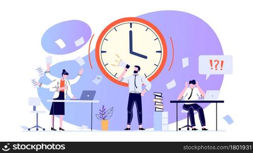 Time management concept. Employees working at office to meet deadline. Anxious office workers in panic. Boss shouting in loudspeaker at colleagues. Stressful environment with big clock. Time management concept. Employees working at office to meet deadline. Anxious office workers in panic