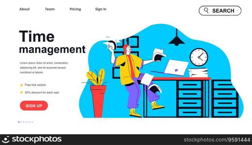 Time management concept for landing page template. Employee hurries to finish documents work on time. Office working process people scene. Vector illustration with flat character design for web banner