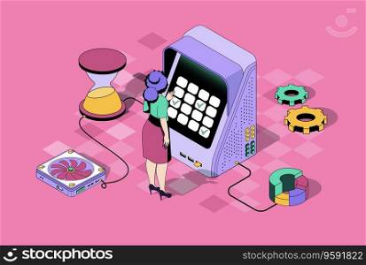 Time management concept in 3d isometric design. Woman planning tasks and working time for control workflow organization to deadline. Vector illustration with isometry people scene for web graphic