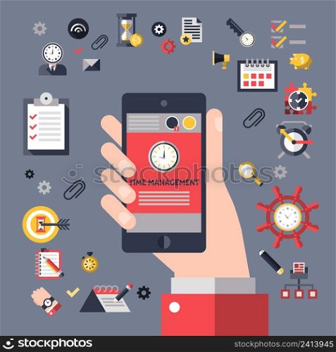 Time management concept with hand holding mobile phone and successful business planning elements vector illustration