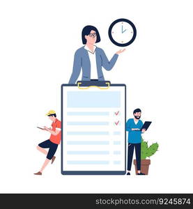 Time management concept with tiny office managers and boss. Businesswoman with clock, to do list and two flat geek programmers vector scene of management clock and work illustration. Time management concept with tiny office managers and boss. Businesswoman with clock, to do list and two flat geek programmers vector scene