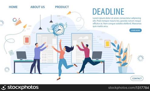 Time Management Courses, Business Planning Startup Flat Vector Web Banner, Landing Page. Company Employees Running in Office in Panic Because of Project Deadline Failure, Work Time Lack Illustration